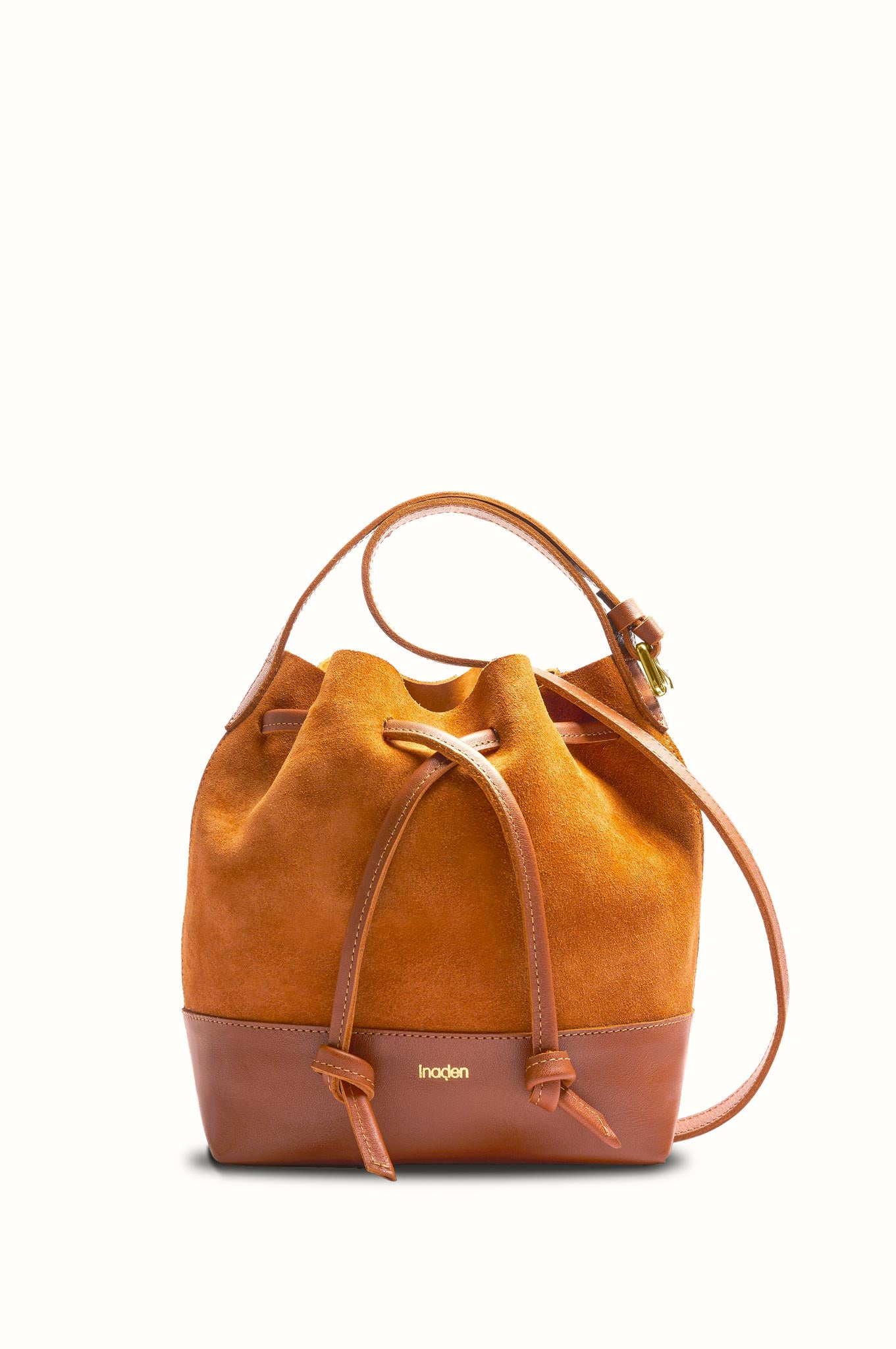 Sac seau en cuir bi-matière petit format Inaden Woodé Mini Camel