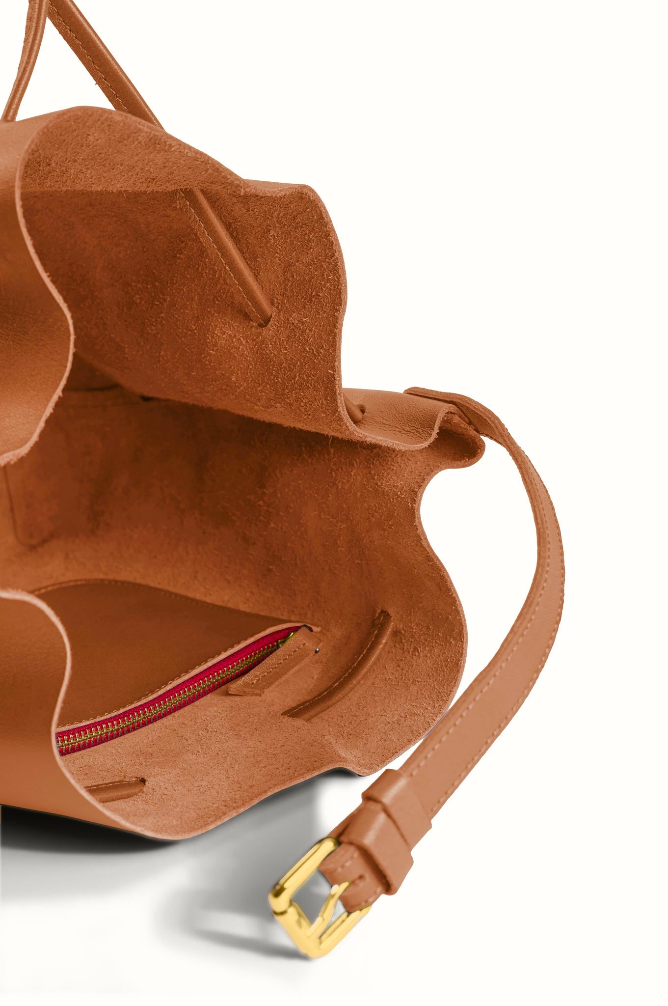 Camel Woodé Leather Bucket Bag